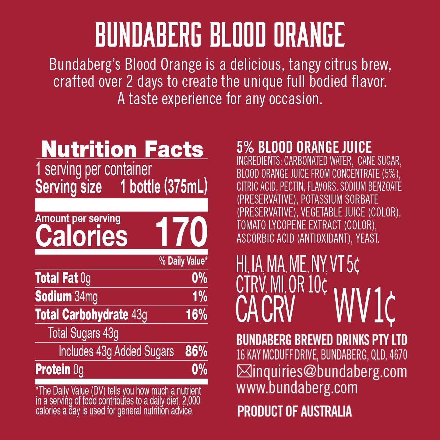 Bundaberg: Sparkling Blood Orange, Fruit Drink, 12.7 oz., 4 Pack