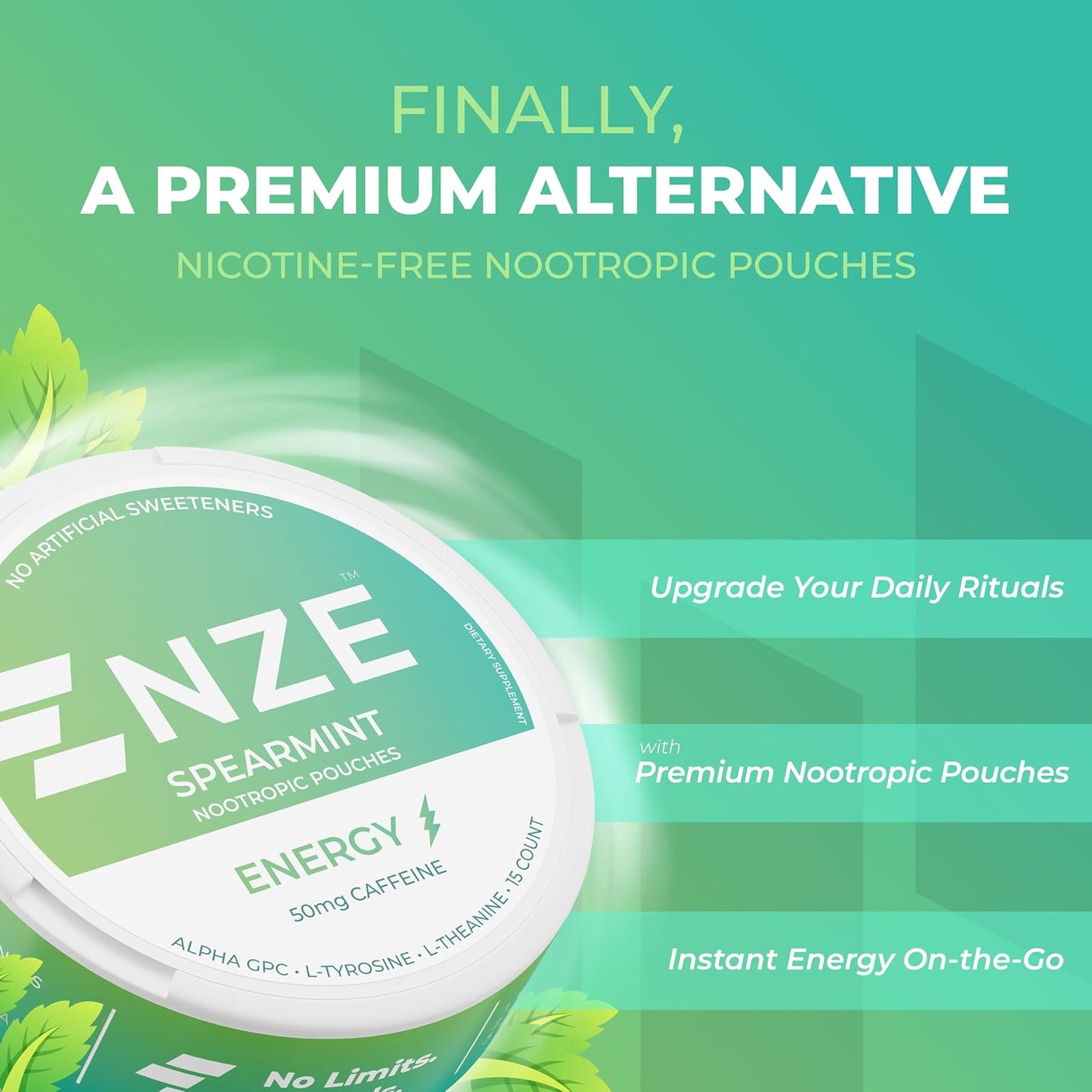 NZE: Caffeine Energy Pouch, Nootropic Spearmint, 5 Pack