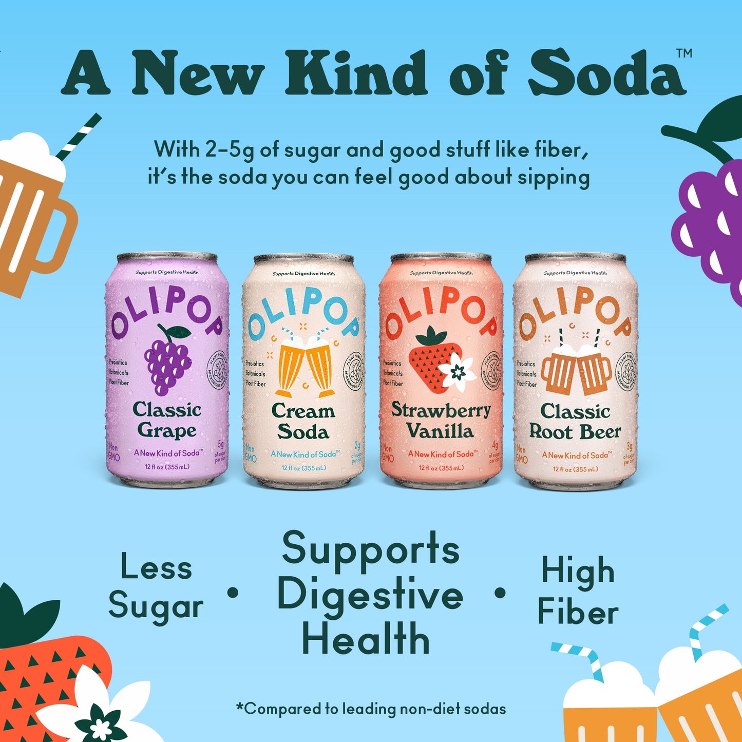 OLIPOP: Prebiotic Soda, Variety Pack, 12 oz., 8 Pack