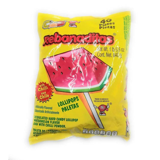 Rebanaditas: Chili Covered Watermelon Flavored Lollipops, 40 Pieces