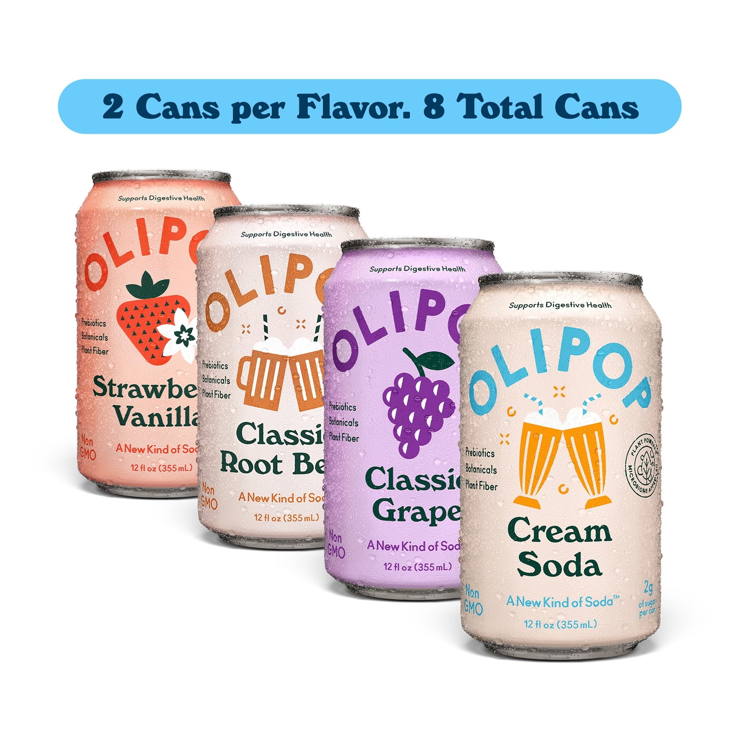 OLIPOP: Prebiotic Soda, Variety Pack, 12 oz., 8 Pack