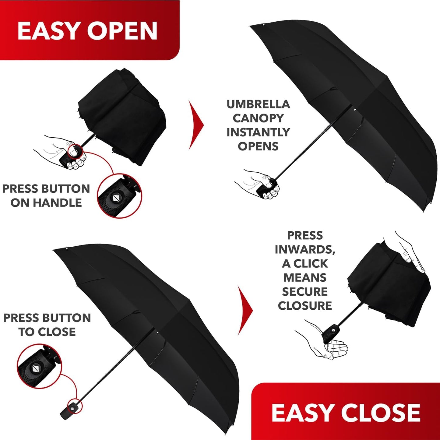 Repel Umbrella: Windproof Travel Umbrella for Rain, Fiberglass Frame, Waterproof, Black