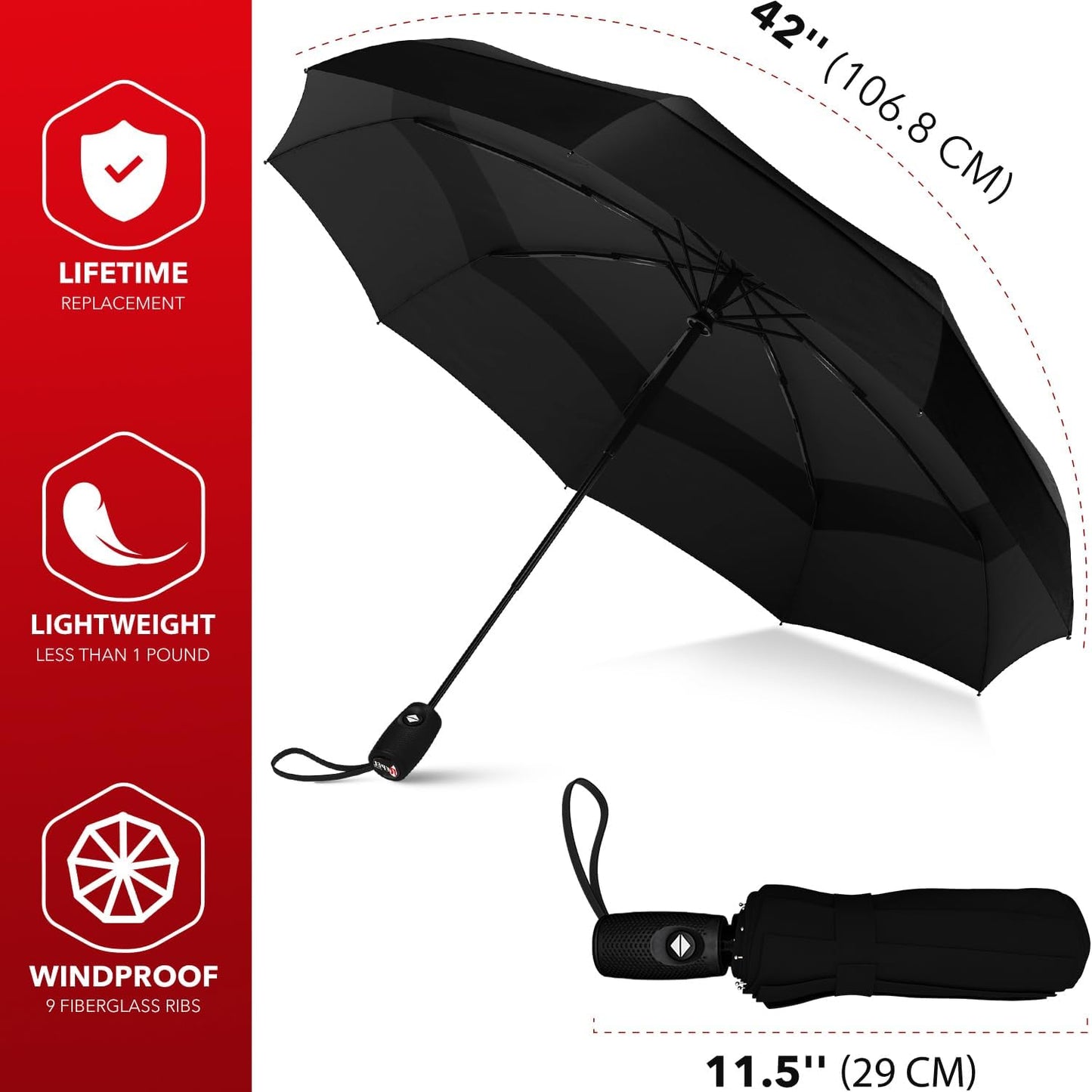 Repel Umbrella: Windproof Travel Umbrella for Rain, Fiberglass Frame, Waterproof, Black