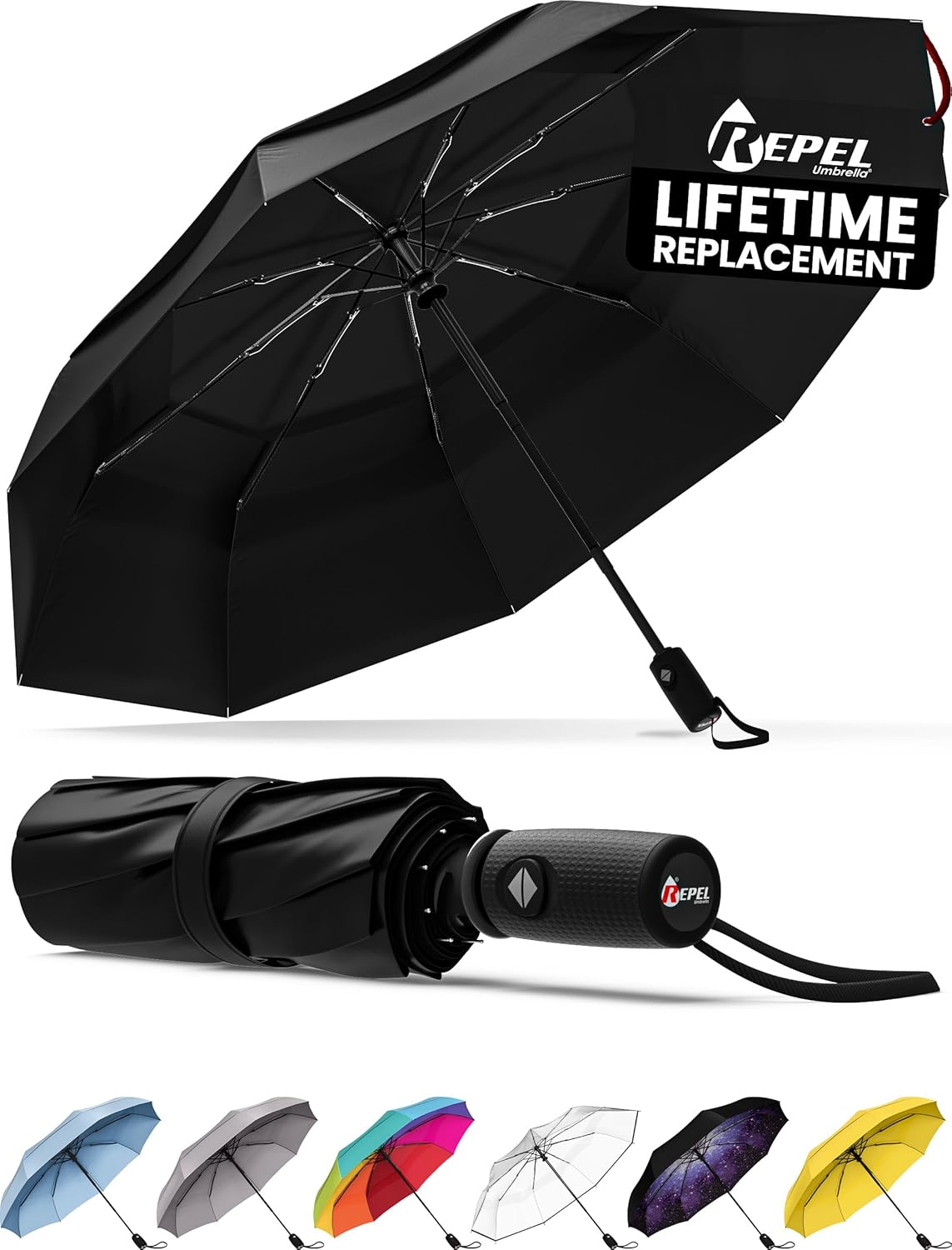 Repel Umbrella: Windproof Travel Umbrella for Rain, Fiberglass Frame, Waterproof, Black