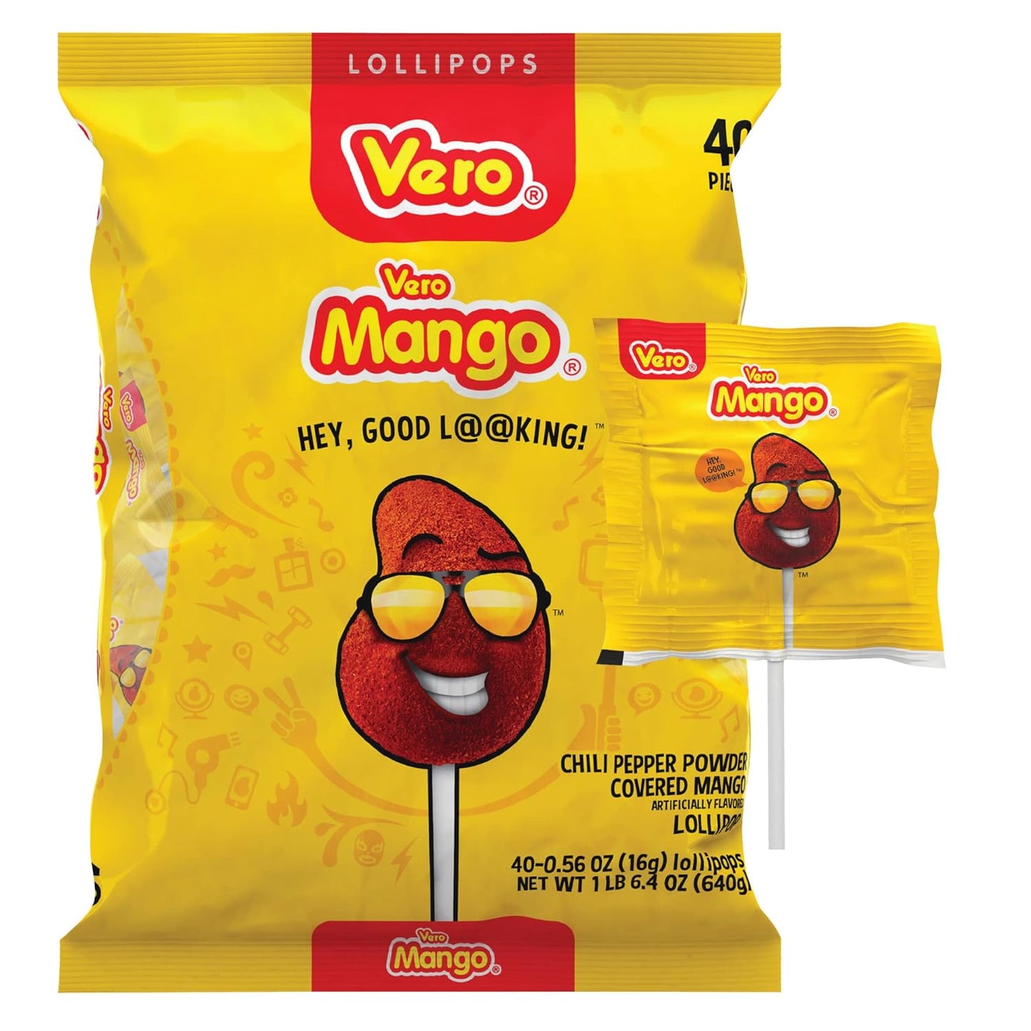 Mexican Candy: Vero Mango - Chili Covered Mango Flavored Lollipops, 40 pack