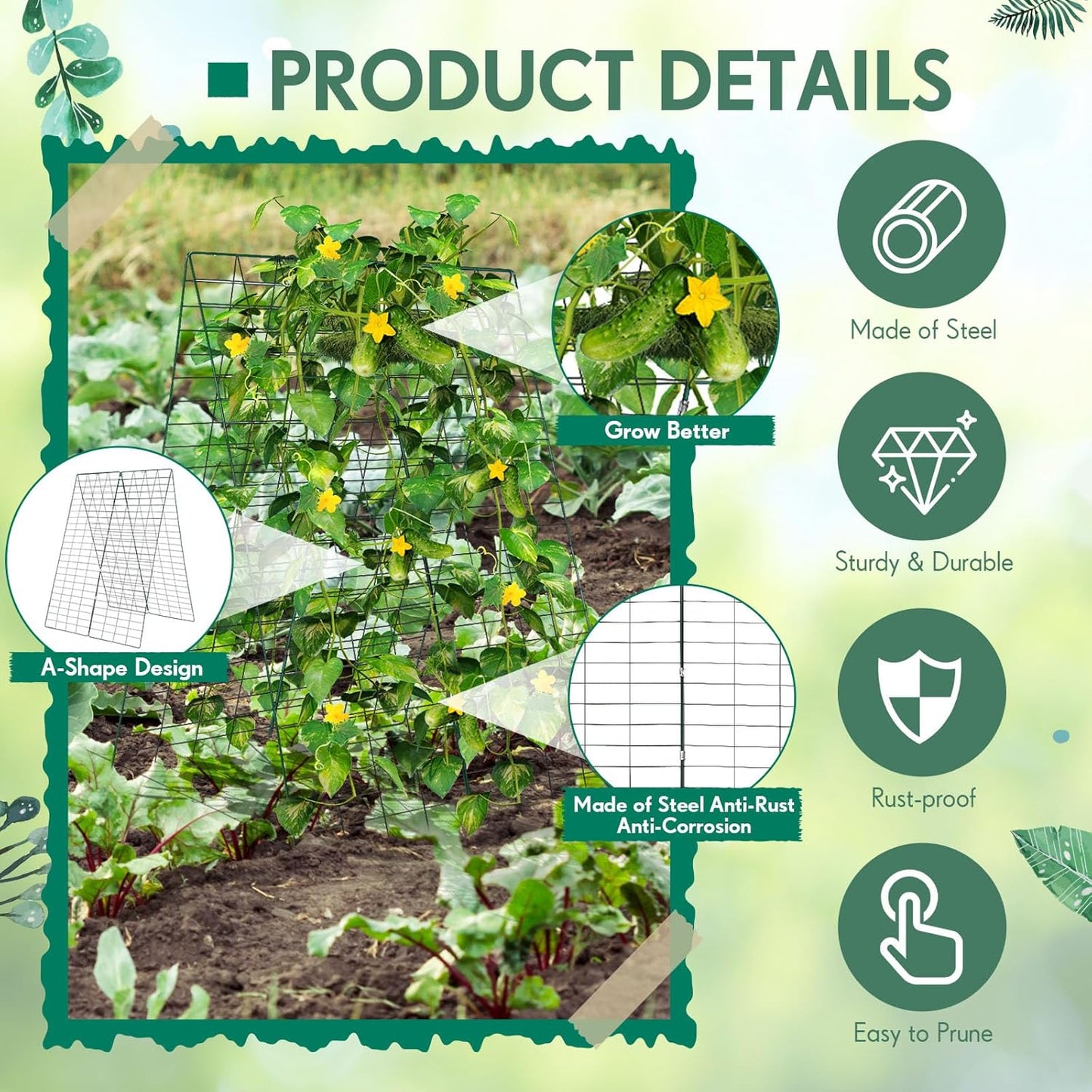 Wesiti: 4 Packs Foldable Cucumber Trellis for Raised Bed - 34"W x 48"H Adjustable a Frame Garden Trellis, Green