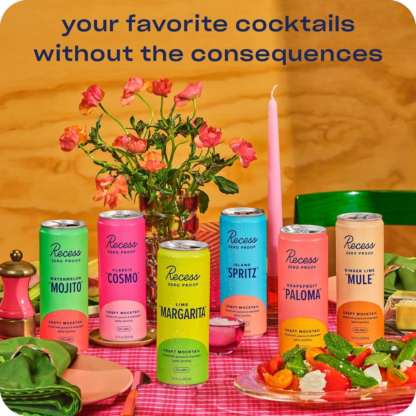 Cocktail: Recess: Classic Cosmopolitan - Zero Proof Craft Mocktail, Premium Cocktail Mixer, 12 Pack Cans