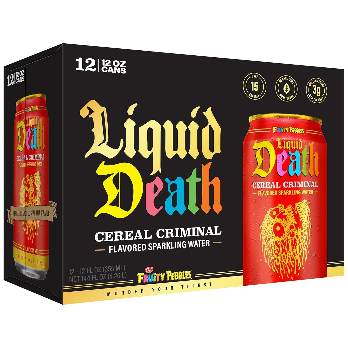 Liquid Death: Cereal Criminal, Fruity Pebbles Flavored Sparkling Water, 12 oz., 12 Pack