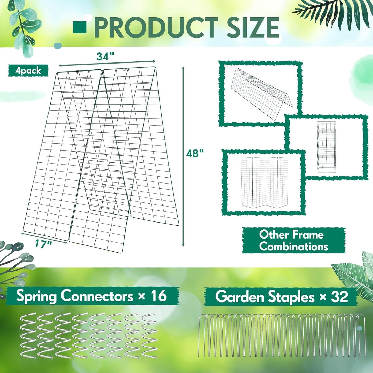 Wesiti: 4 Packs Foldable Cucumber Trellis for Raised Bed - 34"W x 48"H Adjustable a Frame Garden Trellis, Green