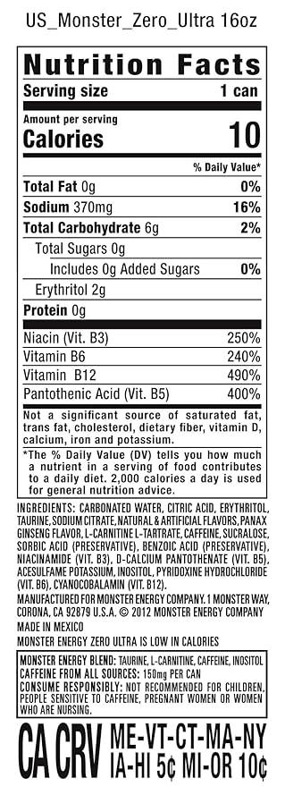 Monster Energy Drink: Zero Ultra, Sugar Free Energy Drink, 16 oz. 12 pack