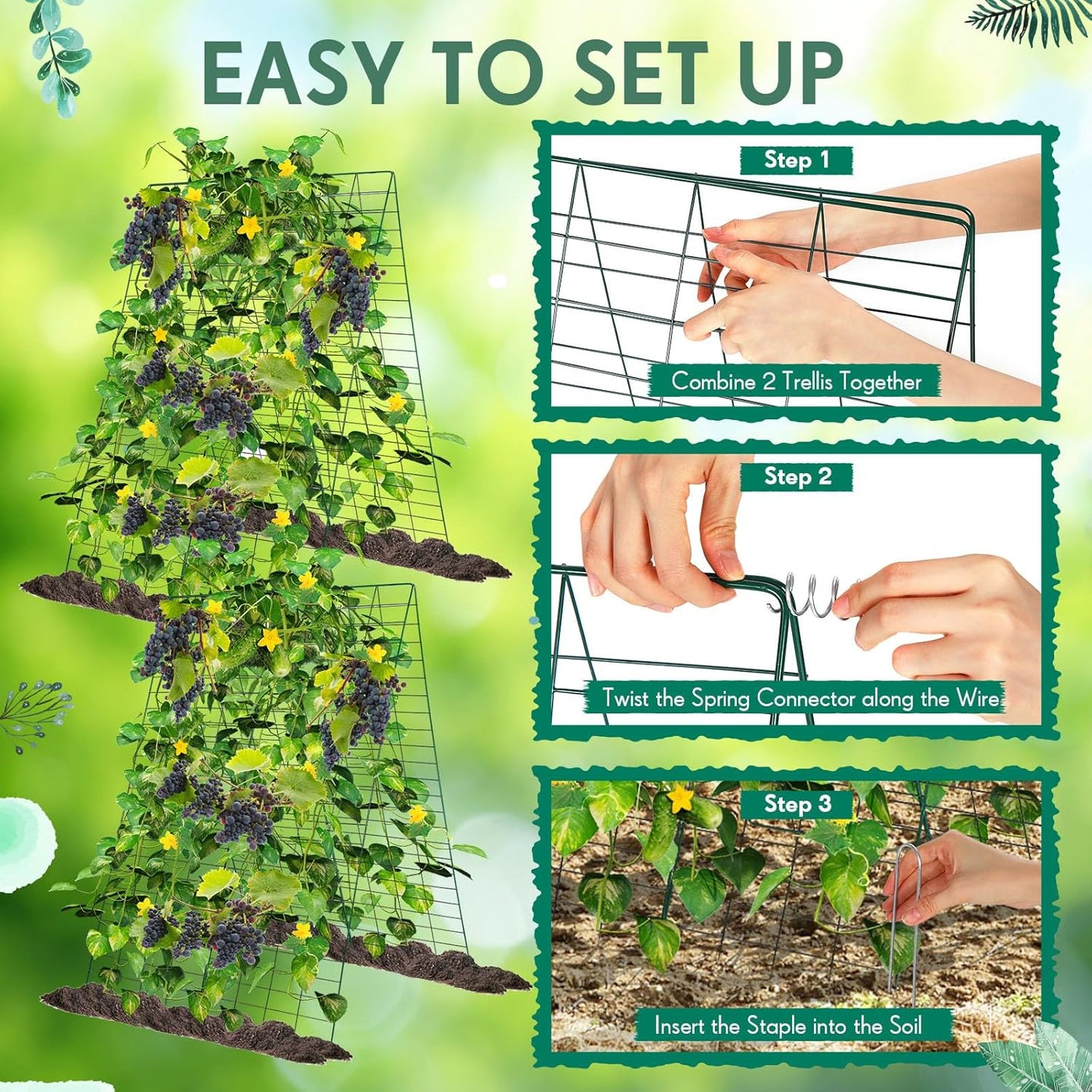 Wesiti: 4 Packs Foldable Cucumber Trellis for Raised Bed - 34"W x 48"H Adjustable a Frame Garden Trellis, Green
