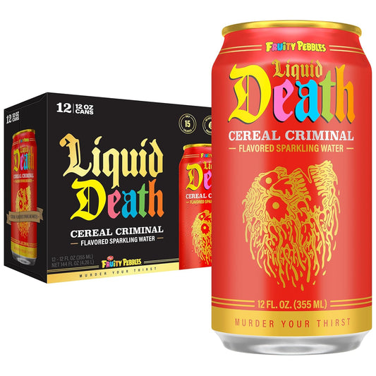 Liquid Death: Cereal Criminal, Fruity Pebbles Flavored Sparkling Water, 12 oz., 12 Pack