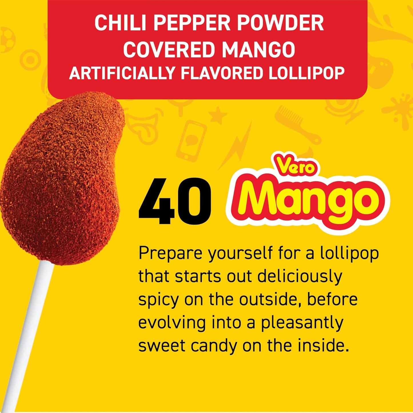 Mexican Candy: Vero Mango - Chili Covered Mango Flavored Lollipops, 40 pack