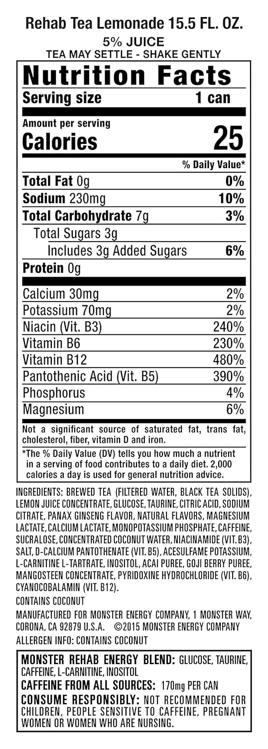 Monster Energy Drink: Rehab Tea + Lemonade, 16 fl. oz. 15 pack cans