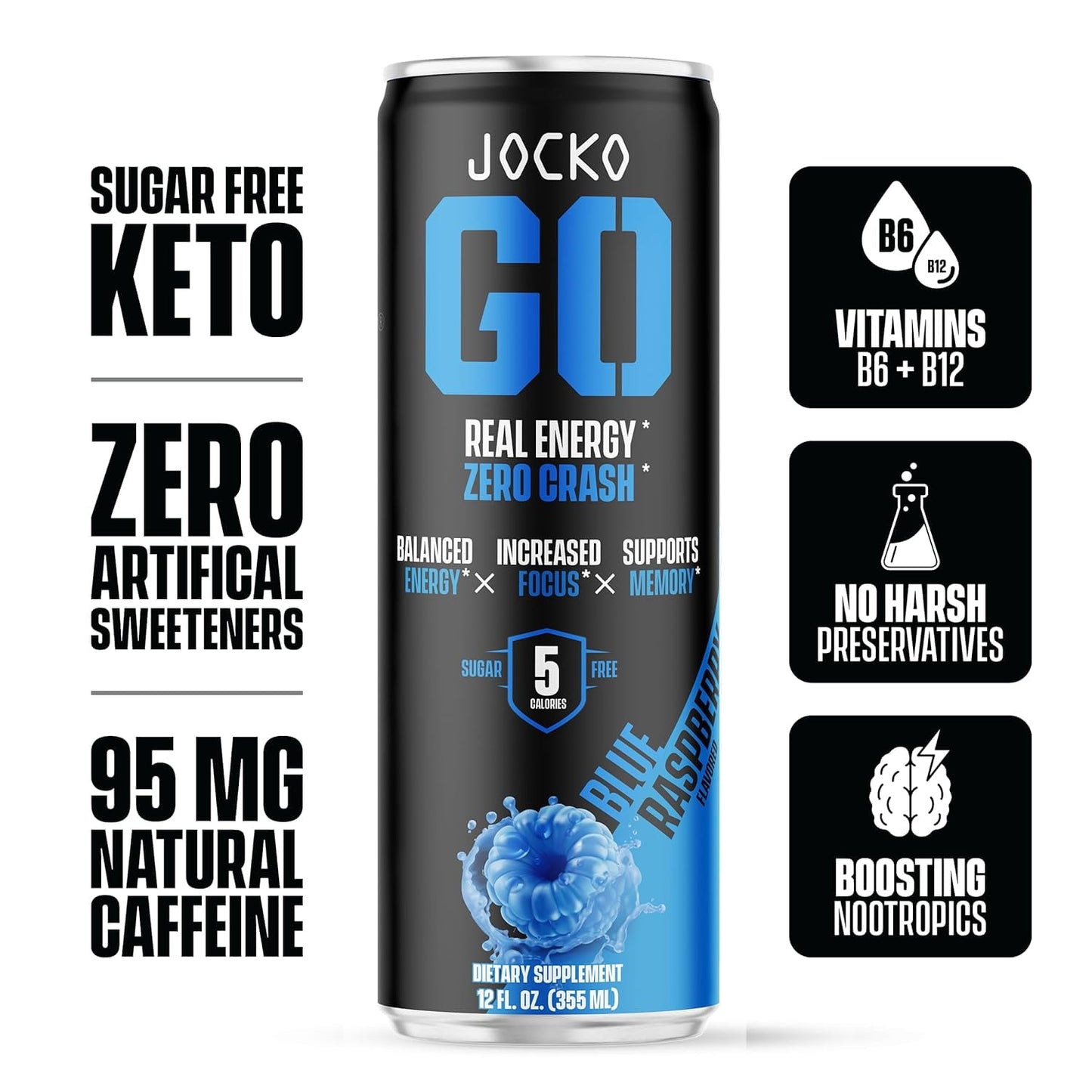 Jocko GO: Keto Energy Drink, Blue Raspberry, 12 Pack