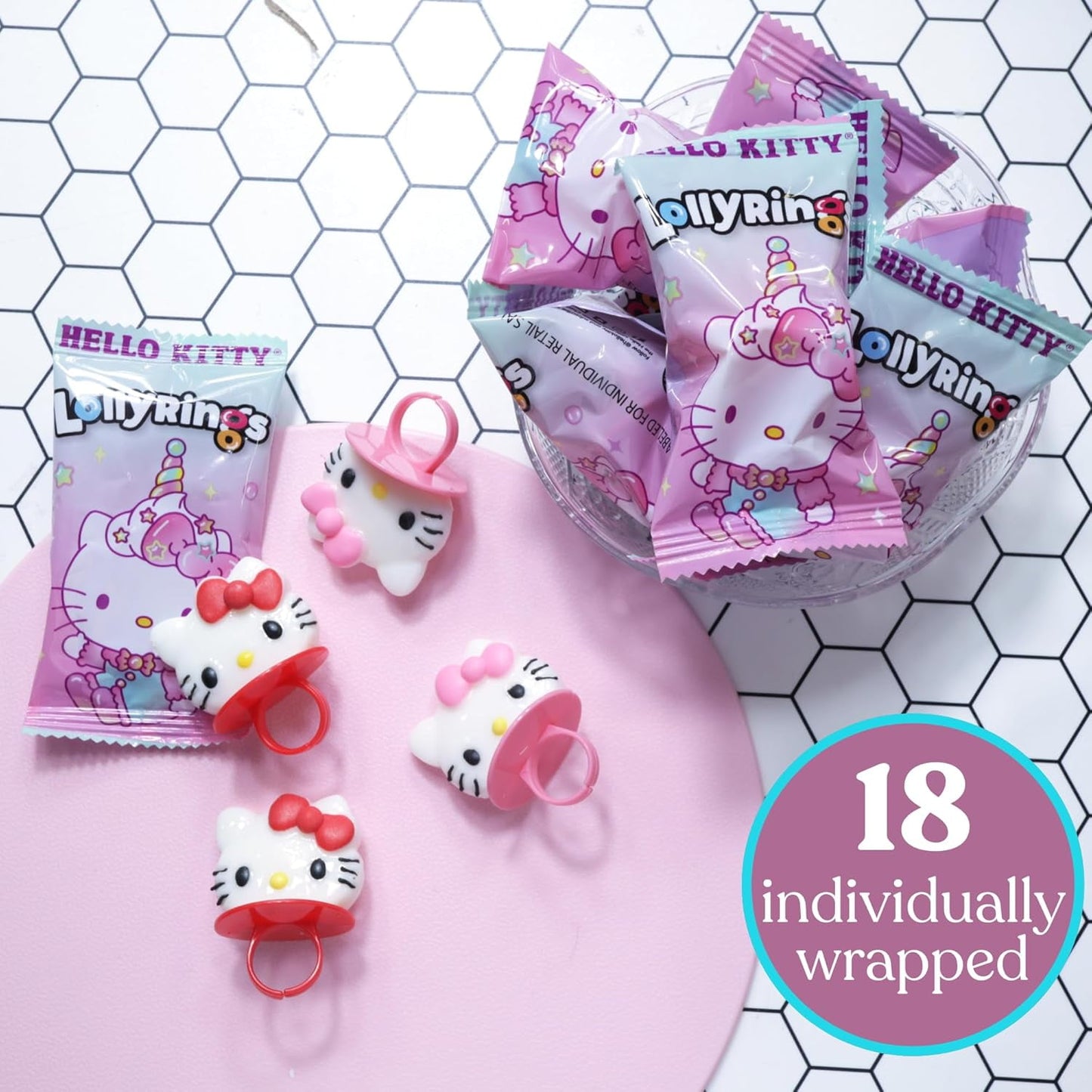 Japanese Candy: Hello Kitty Strawberry and Fruit Punch Lolly Rings, Birthday Party Candy Lollipops, 18 pack