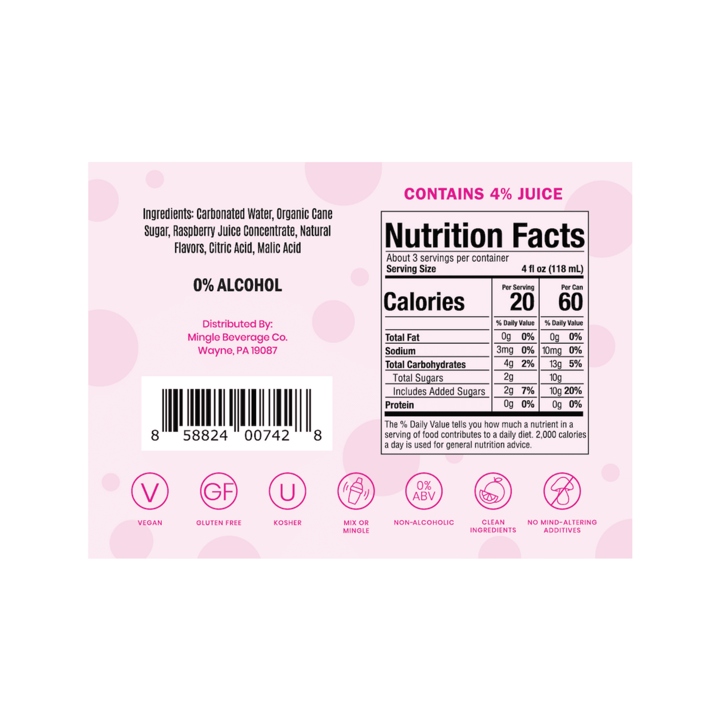 Mingle Mocktails: Sparkling Raspberry Rose Non-Alcoholic, 12 oz., 4 Pack