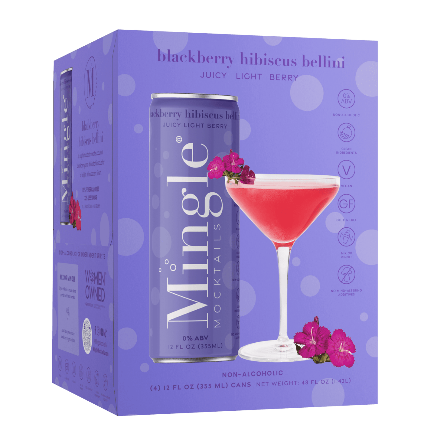 Mingle Mocktails: Blackberry Hibiscus Bellini Non-Alcoholic, 12 oz., 4 Pack