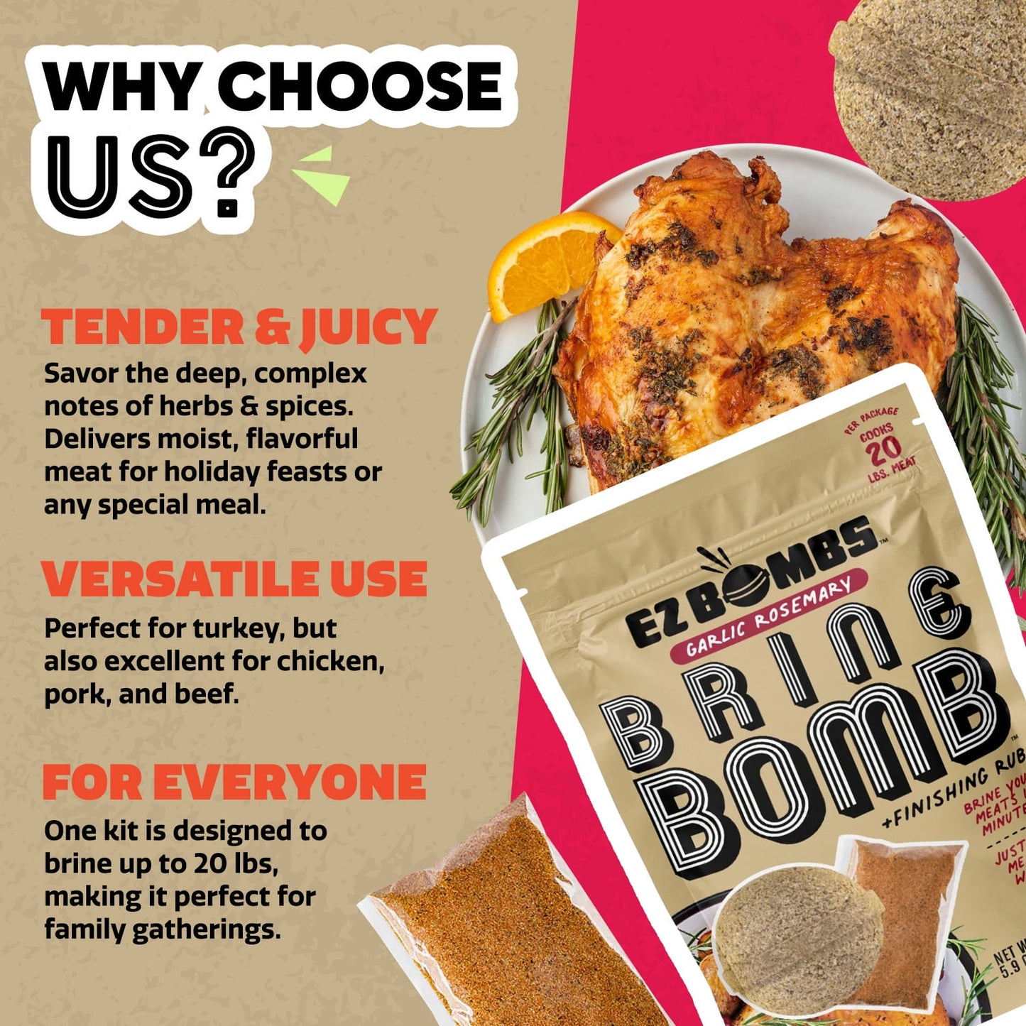 EZ Bombs: Garlic Rosemary Brine Bomb Seasoning with Finishing Rub, 2 Pack, 4 Pieces