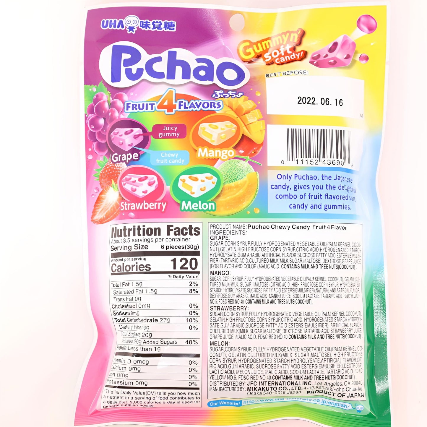 Japanese Candy: UHA Mikakuto Puchao Gummy Candy Fruit Mix, 6x packs