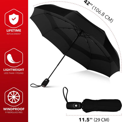 Repel Umbrella: Windproof Travel Umbrella for Rain, Fiberglass Frame, Waterproof, Black
