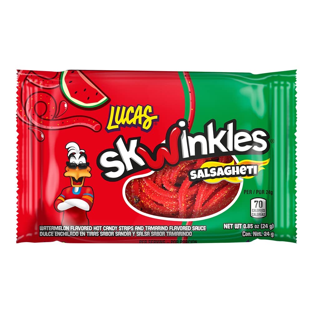Mexican Candy: Lucas Salsagheti Watermelon Flavored Hot Candy Strips and Tamarind Sauce, 12 Pack