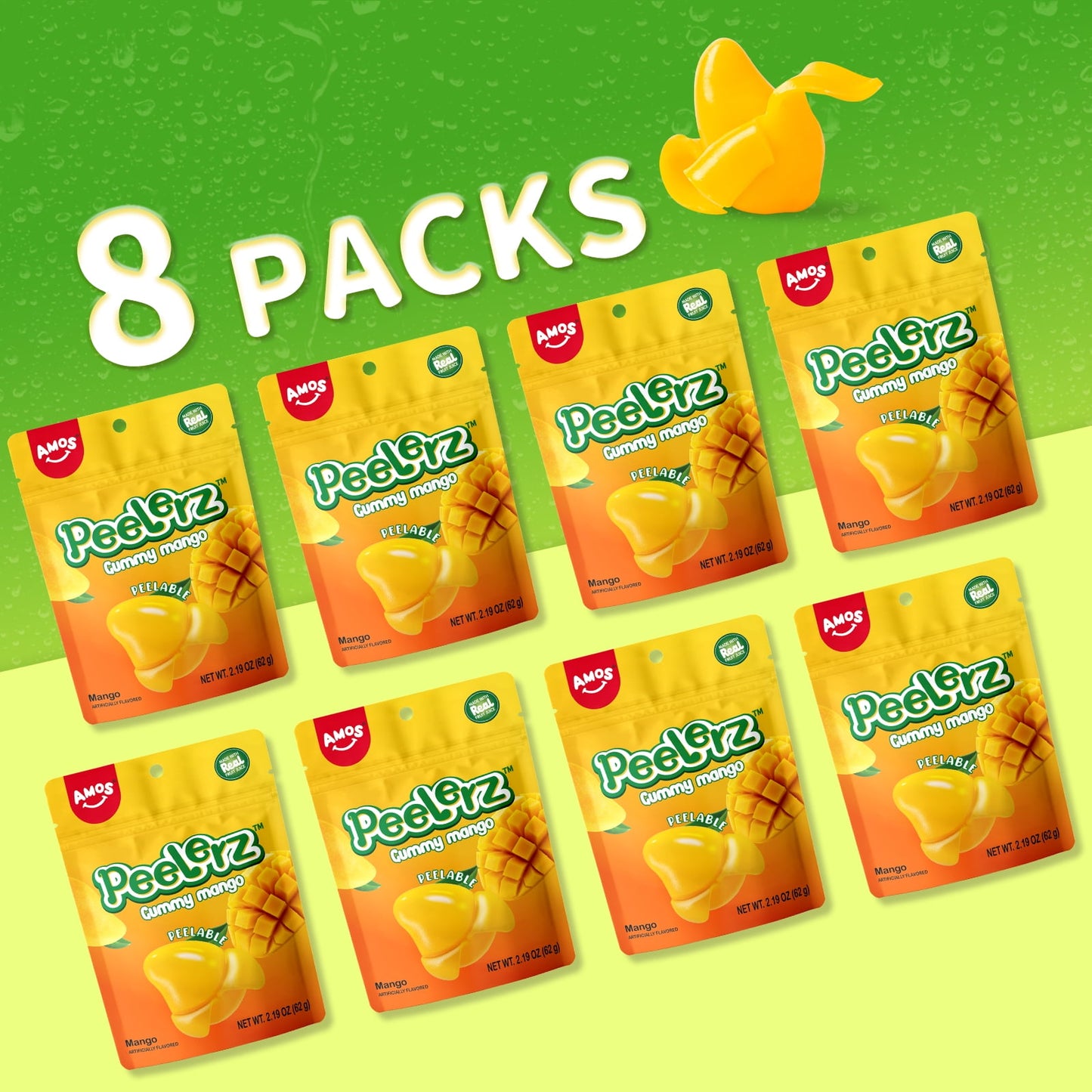 Chinese Candy: AMOS Peelerz Gummies Peelable Mango Candy, 8 pack
