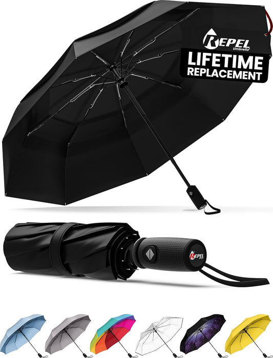 Repel Umbrella: Windproof Travel Umbrella for Rain, Fiberglass Frame, Waterproof, Black