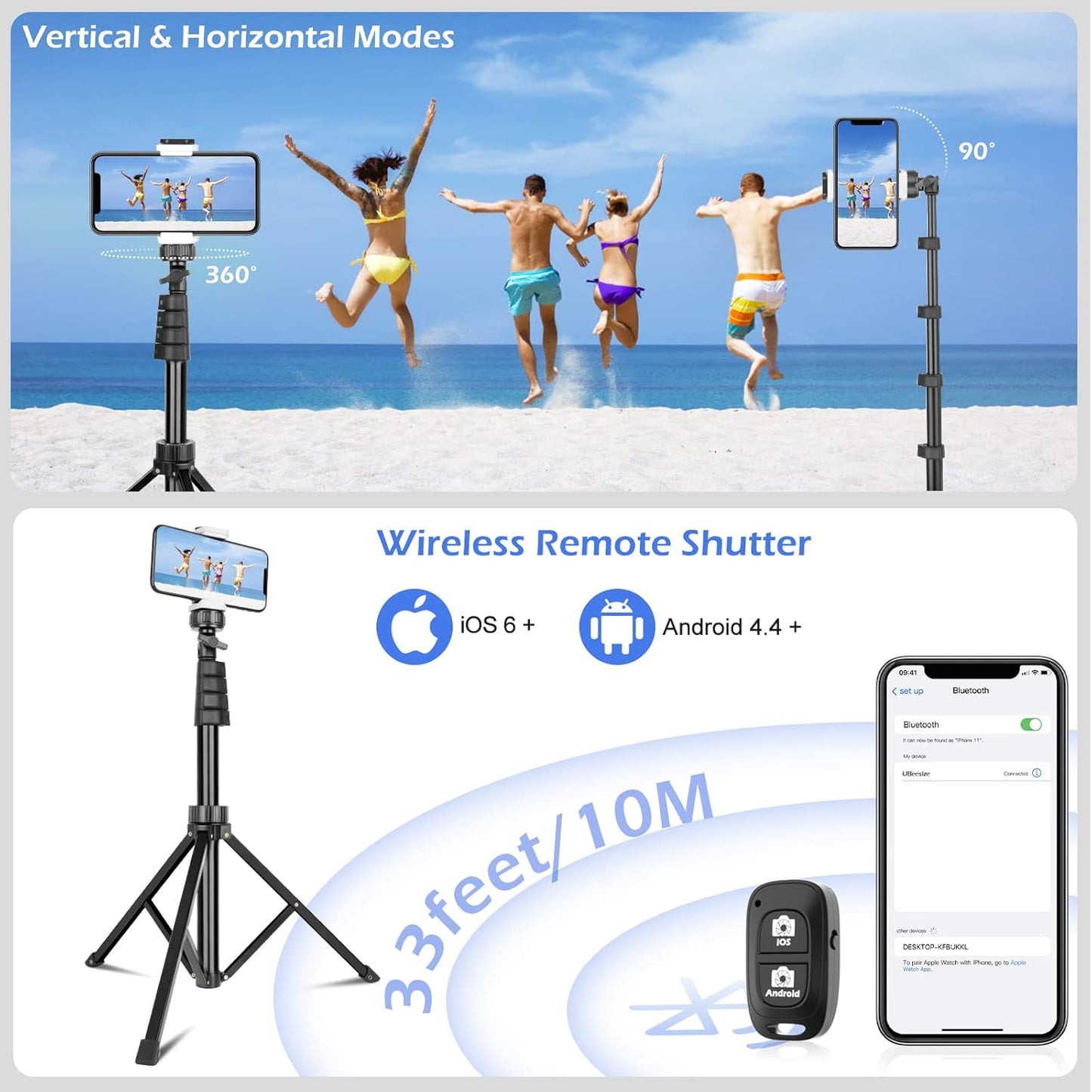 Sensyne: 67" Selfie Stick with Wireless Remote and Tripod, Black