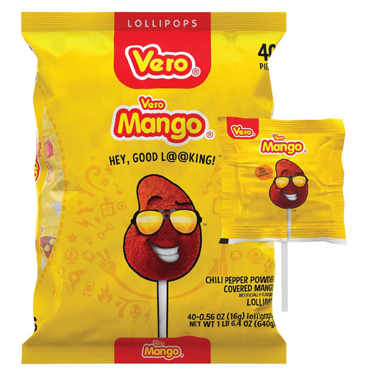 Mexican Candy: Vero Mango - Chili Covered Mango Flavored Lollipops, 40 pack