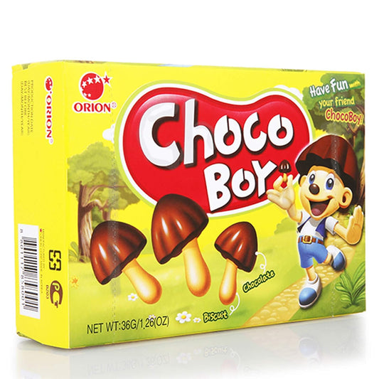 Korean Candy: Orion Choco Boy, Mushroom Shaped Chocolate Topped Mini Biscuits, 1  Box
