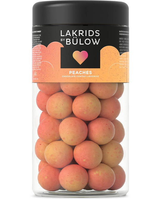 Danish Candy: LAKRIDS BY BÜLOW, Sweet Licorice Coated in White Chocolate & Peach