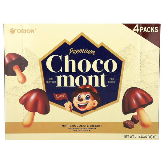 Korean Candy: Orion Choco Boy, Mushroom Shaped Chocolate Topped Mini Biscuits, 4 pack