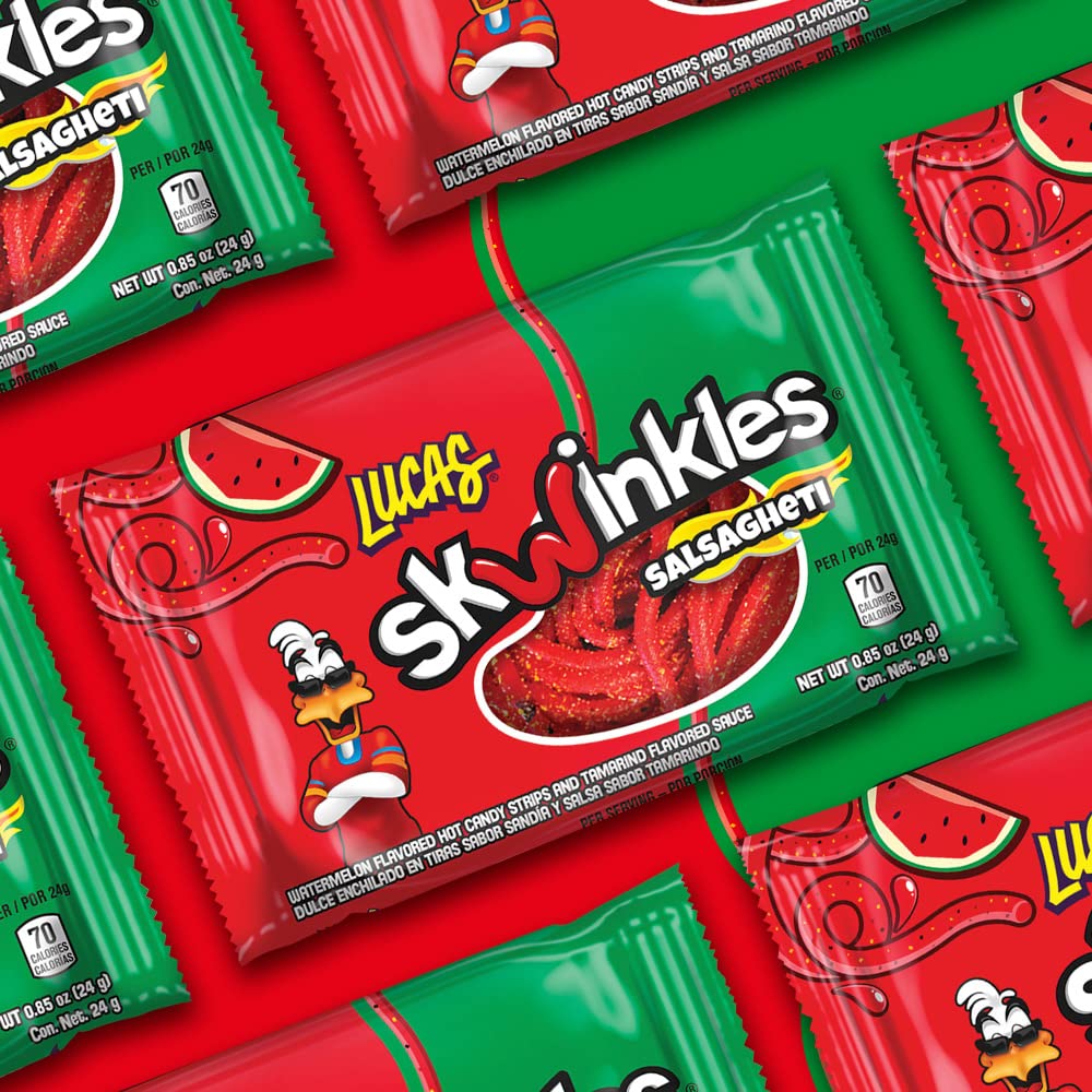 Mexican Candy: Lucas Salsagheti Watermelon Flavored Hot Candy Strips and Tamarind Sauce, 12 Pack