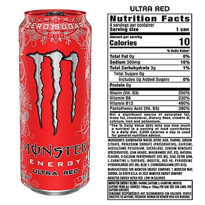 Monster Energy Drink: Red Zero Ultra, Sugar Free Energy Drink, 16 oz., 15 pack