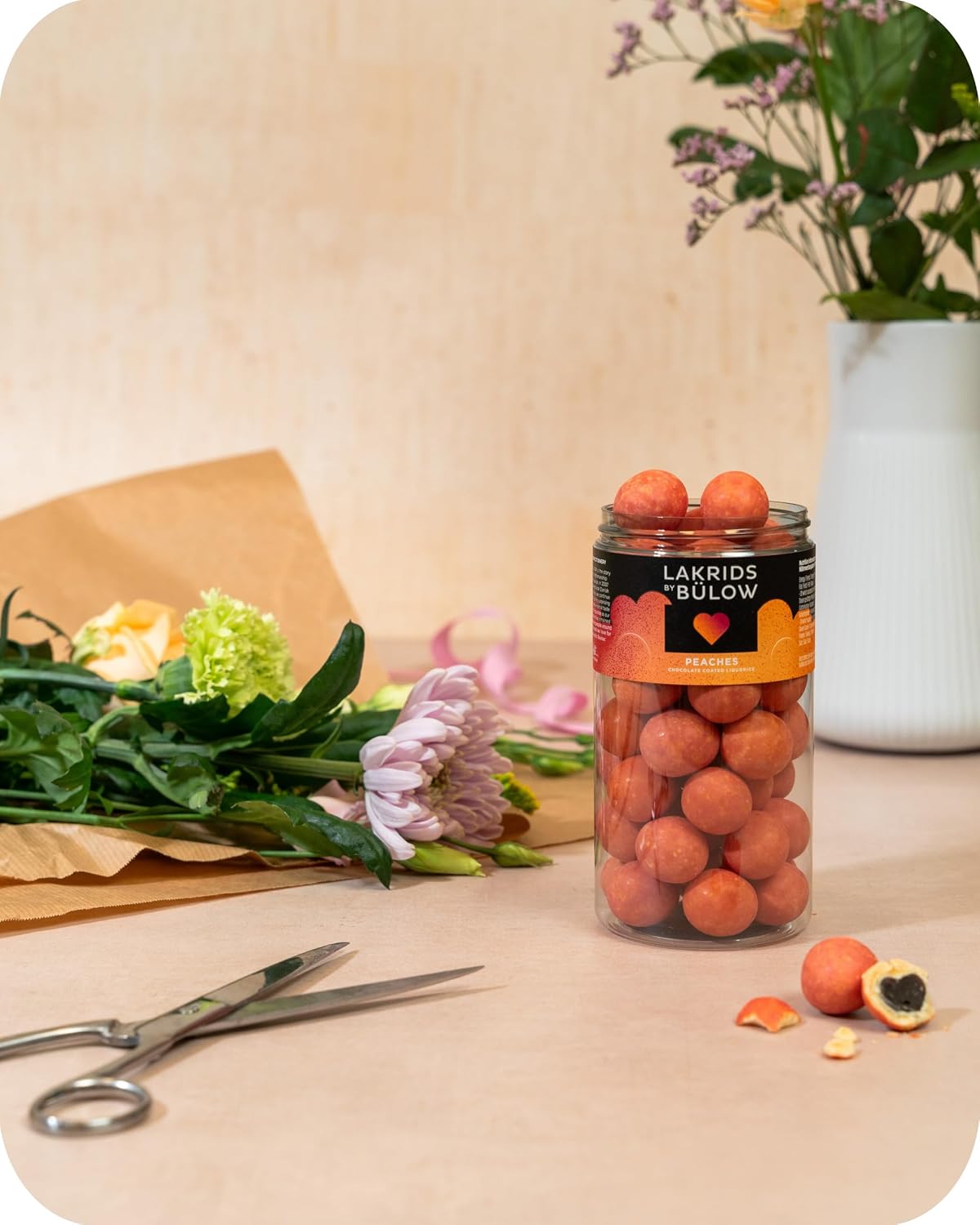 Danish Candy: LAKRIDS BY BÜLOW, Sweet Licorice Coated in White Chocolate & Peach