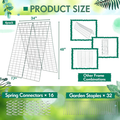 Wesiti: 4 Packs Foldable Cucumber Trellis for Raised Bed - 34"W x 48"H Adjustable a Frame Garden Trellis, Green