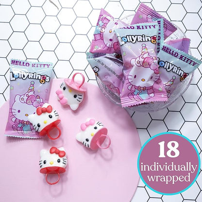 Hello Kitty: Strawberry and Fruit Punch Lolly Rings, Birthday Party Candy Lollipops, 18 pack