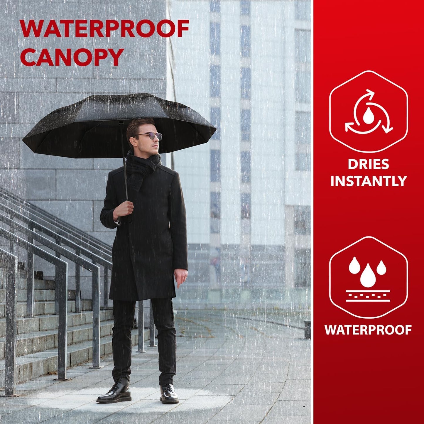 Repel Umbrella: Windproof Travel Umbrella for Rain, Fiberglass Frame, Waterproof, Black