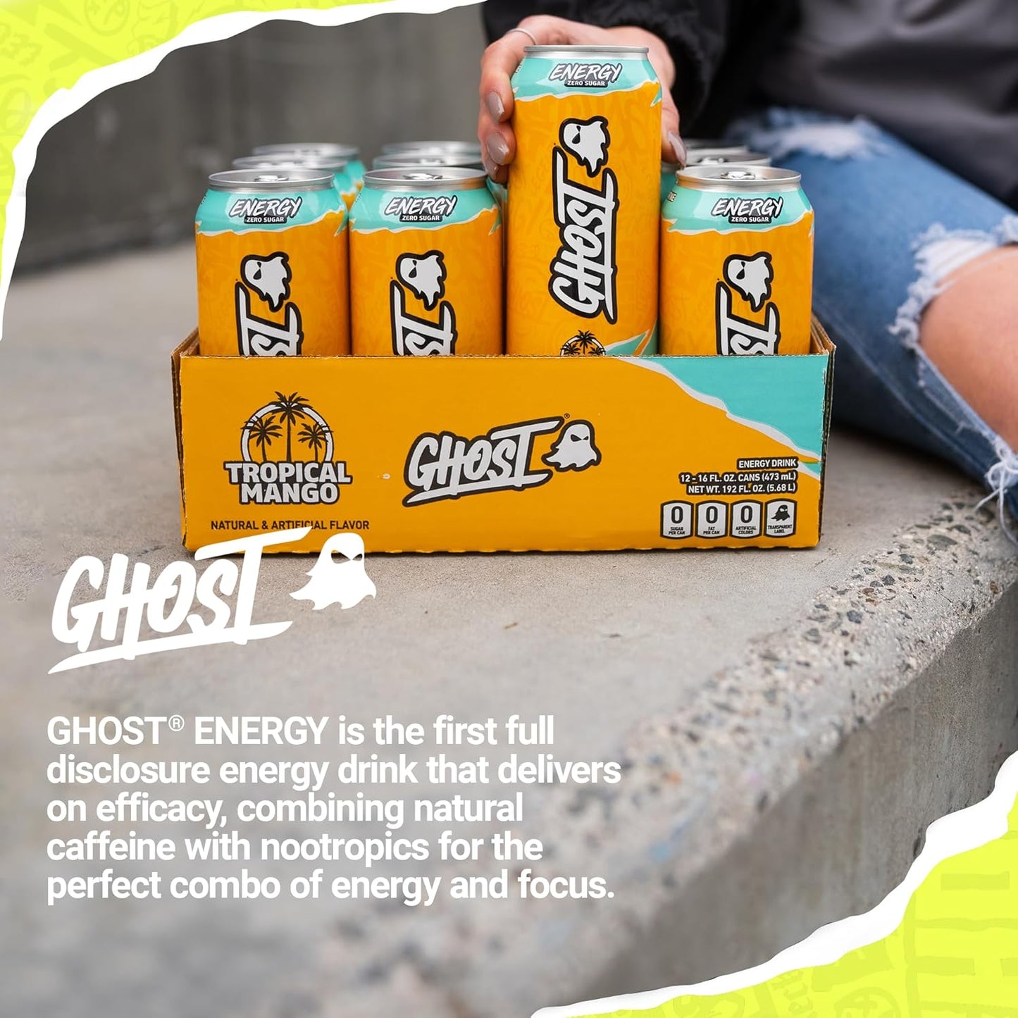 GHOST Energy Drink: Tropical Mango, 16 fl. oz. 12 pack cans