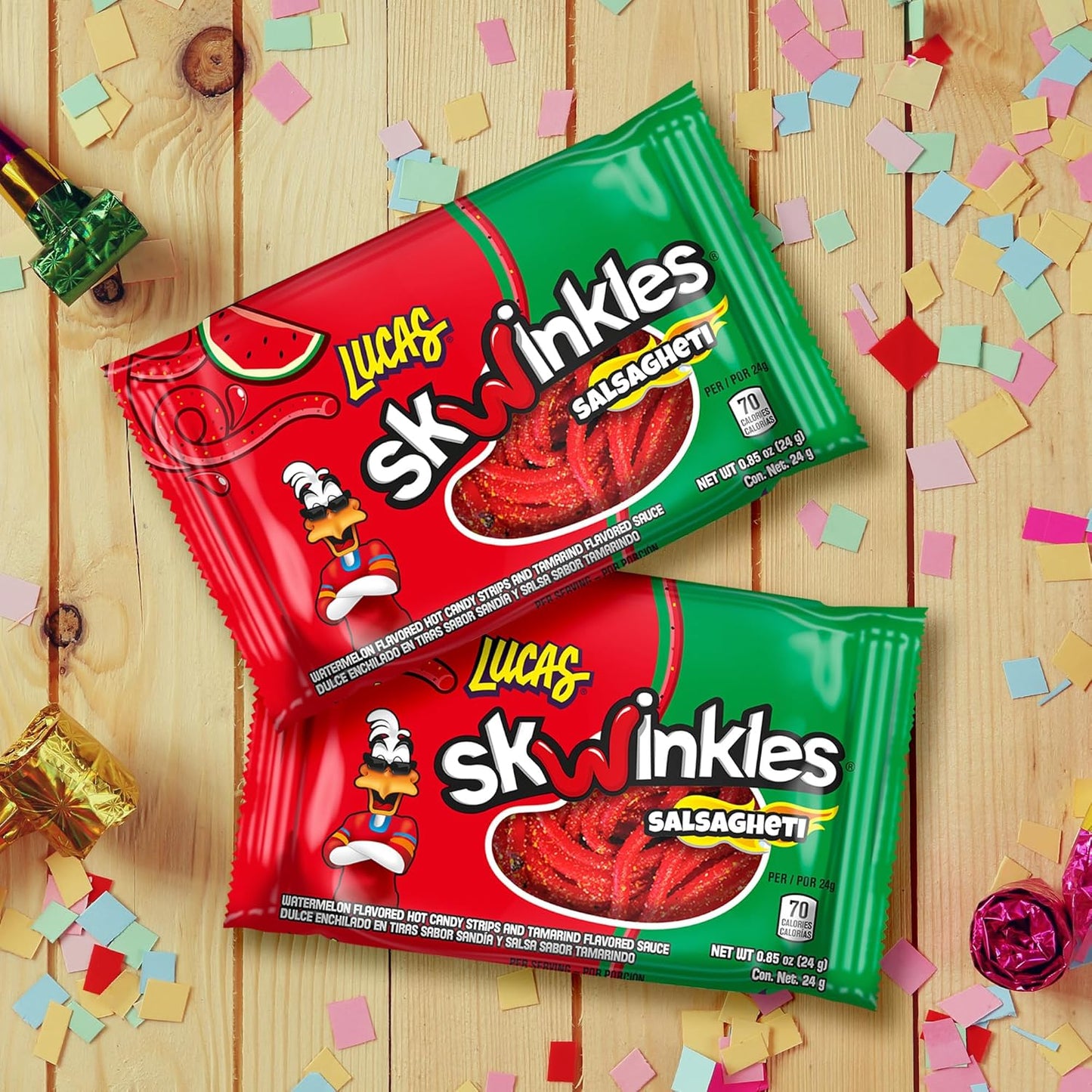 Mexican Candy: Lucas Salsagheti Watermelon Flavored Hot Candy Strips and Tamarind Sauce, 12 Pack