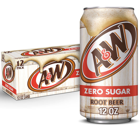 A&W: Zero Sugar Root Beer Soda Pop, 12 fl. oz., 12 Pack Cans