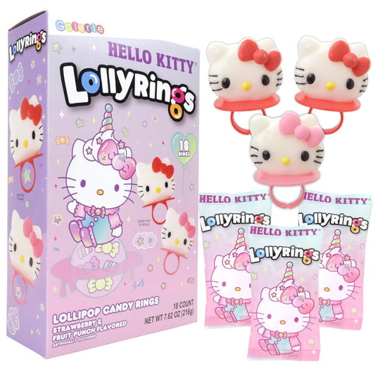 Japanese Candy: Hello Kitty Strawberry and Fruit Punch Lolly Rings, Birthday Party Candy Lollipops, 18 pack