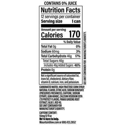 Mountain Dew: Voltage Raspberry Citrus and Ginseng, 12 oz., 12 Pack