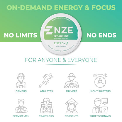 NZE: Caffeine Energy Pouch, Nootropic Spearmint, 5 Pack